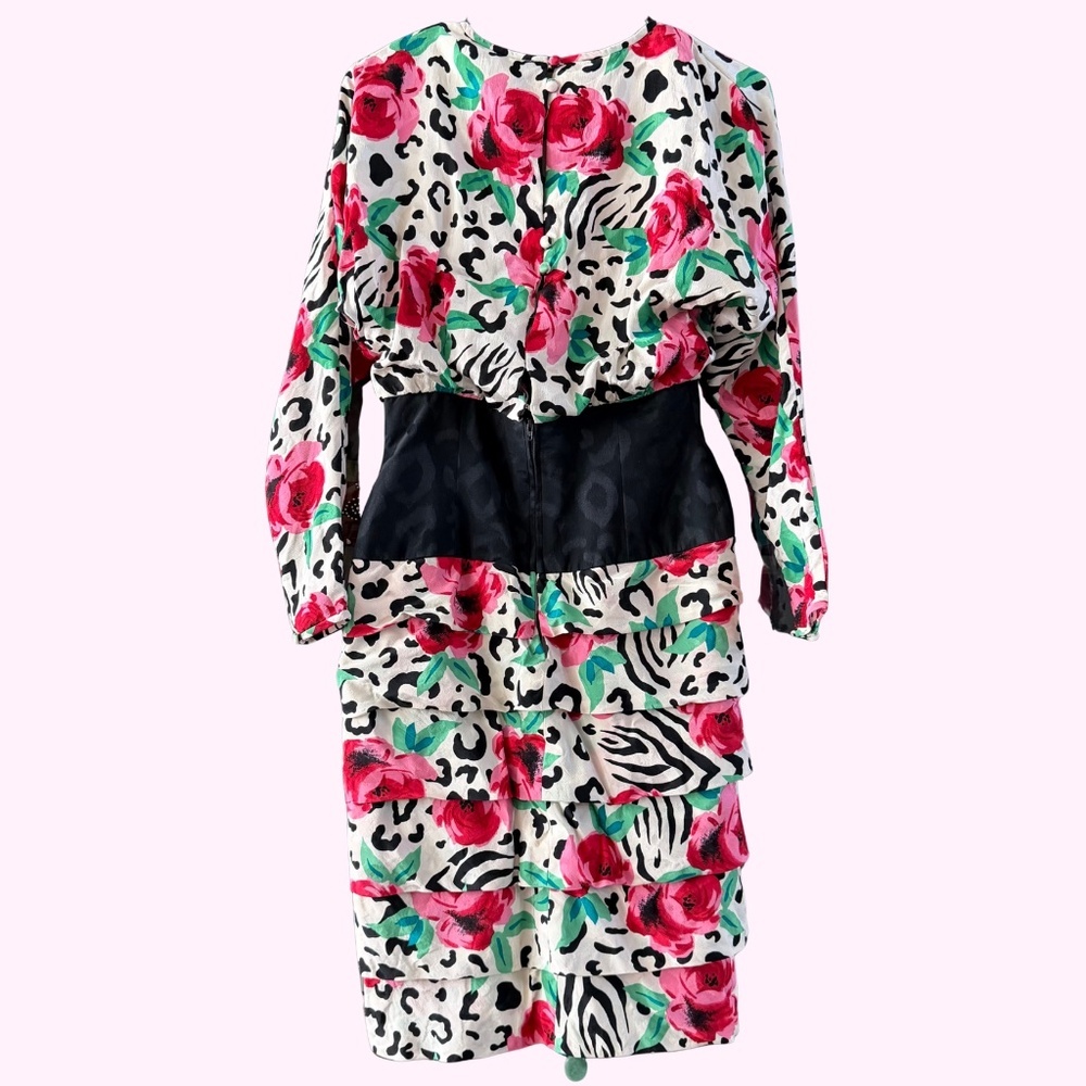 Vintage 100% Silk A.J. Bari Animal Print Floral Tiered Fit Flare Dress Sz 6 - Picture 2 of 15